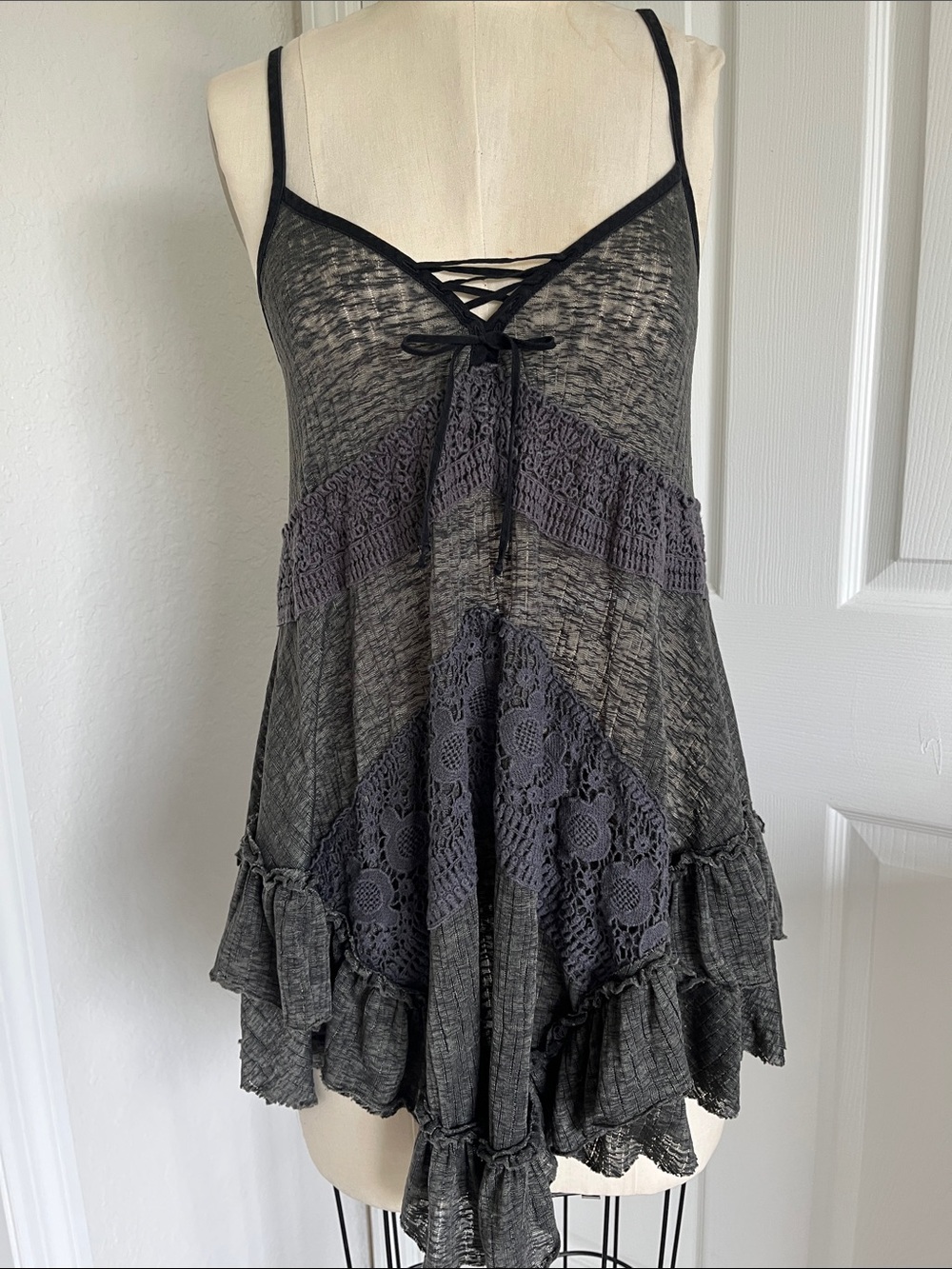 Free People Charcoal Lace-Panel Lace-Up Tunic Boho Top Whimsigoth Western Grunge